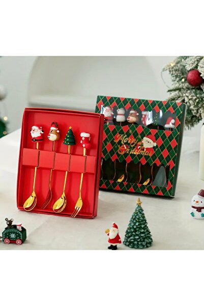 ESCE Yılbaşı Temalı Gold Tatlı Kaşık Çatal Seti 4 Lü Set Yılbaşı Hediyesi