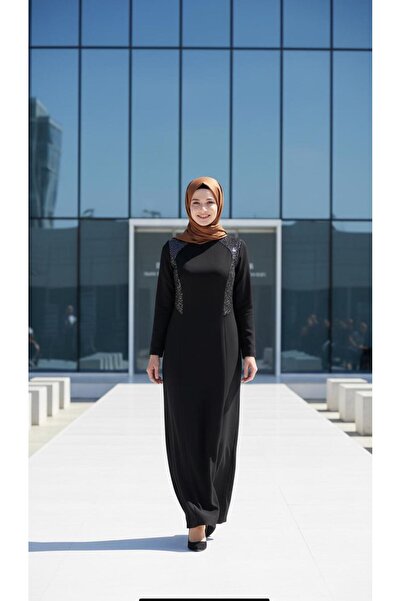 Nidya Moda Tesettür Kadın Siyah Pullu Payet Abiye Elbise-4048ps