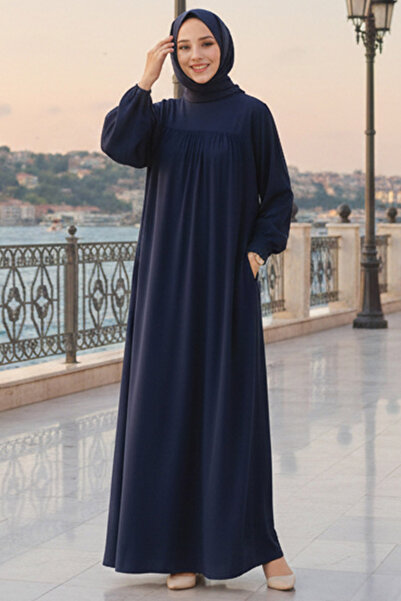 N.S NEVA STYLE Φόρεμα Μπλε Ναυτικό Μουσουλμανικό με Ζώνη 23841L