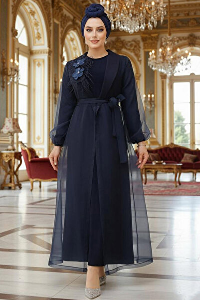 Neva Style Floral Detailed Navy Blue Hijab Abaya 46651L