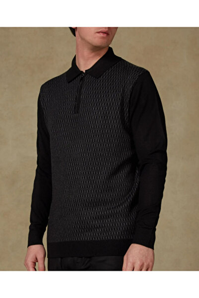 Abbate Claro Knitted Fabric Cotton Blend Modern Fit Black Polo Neck Men's Patterned Knitwear