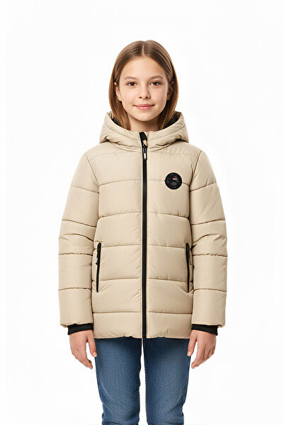 QAWWA Kız Çocuk Bej Kapüşonlu İçi Siyah Kürklü Kuş Elyaflı Hafif Su Ve Rüzgar...