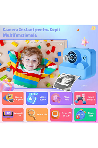 Nerele Aparat Foto Instant pentru Copii, Nerele, Dual Camera Selfie, Imprimare Termica fara Cerneala, Video