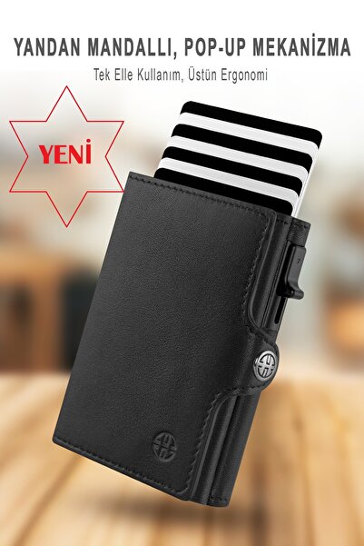 Trusador Palermo Black Mechanical Card Holder Genuine Leather Wallet Unisex Women Men Rfid Protected