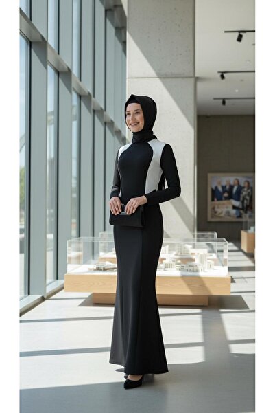 Nidya Moda Kadın Siyah Tesettür Krep Abiye Elbise 4048ks