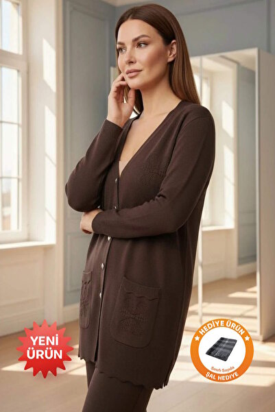 larocci Leaf Detailed Cardigan Chocolate + Shawl Gift