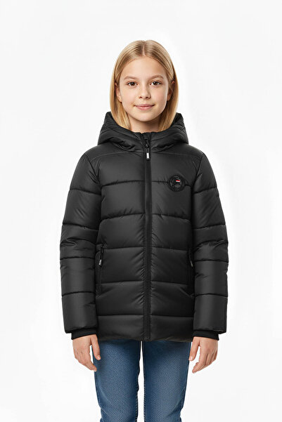 QAWWA Kız Çocuk Siyah Kapüşonlu İçi Siyah Kürklü Kuş Elyaflı Hafif Su Ve Rüzg...