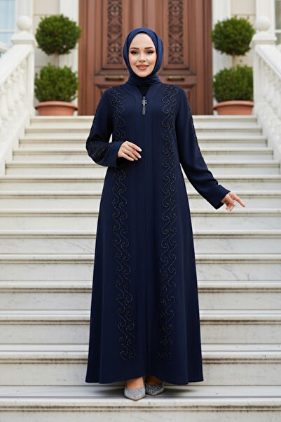 Neva Style Χάντρες Κεντημένο Navy Blue Hijab Ferace 29123L