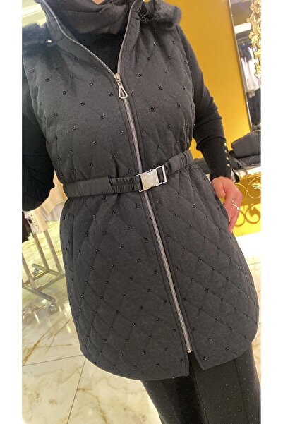 FUAT GÜRSEN Collar Fur Detailed Waist Belted Pearl Embroidered Vest