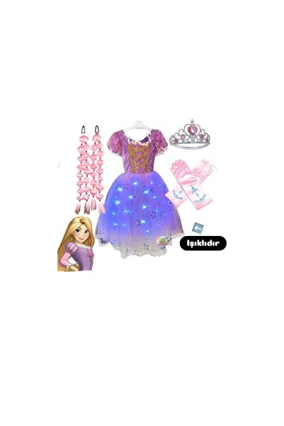 3b kids ışıklı rapunzel kostüm elbise pembe rapunzel bubble saç taç eldiven s...