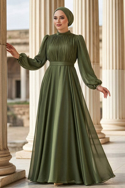 N.S NEVA STYLE Βραδινό φόρεμα με ντραπέ Χακί Μουσουλμανικό Φόρεμα 51072HK