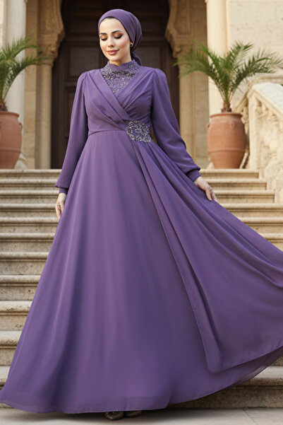 Neva Style Сукня з вишивкою бісером темно-лілового кольору 25882KLILA