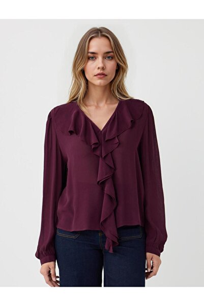Jimmy Key Μπλούζα με μακρύ μανίκι σε μπορντό χρώμα, με λεπτομέρεια από υφαντό βολάν με λαιμόκοψη σε σχήμα V