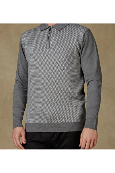 Abbate Claro Knitted Fabric Cotton Blend Modern Fit Gray Polo Neck Men's Patterned Knitwear
