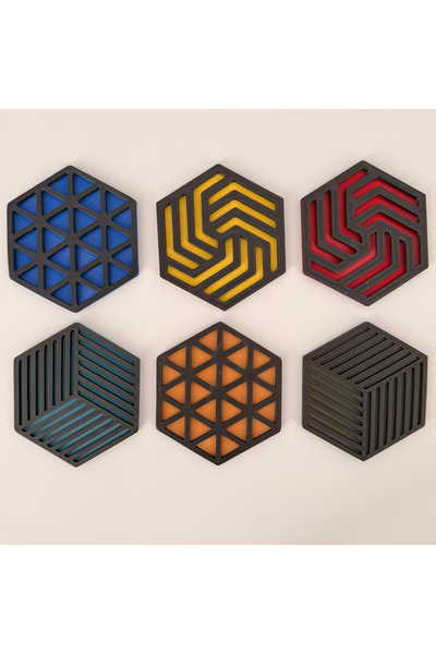 DECORADI Set of 6 coasters, size 9 X 10 cm, multicolor, box included, 3D printed