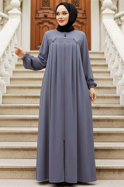 Neva Style Zippered Gray Hijab Abaya 45295Gr