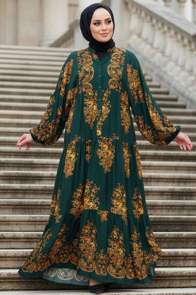 N.S NEVA STYLE Patterned Emerald Green Hijab Dress 3035Zy