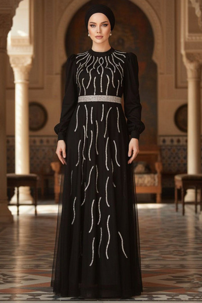 Neva Style Βραδινό φόρεμα με χάντρες μαύρο χιτζάμπ 51912S