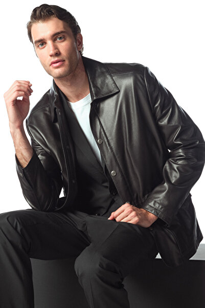 Derimod Salah Men's Black Shirt Collar Leather Coat 25Wgd6585U4