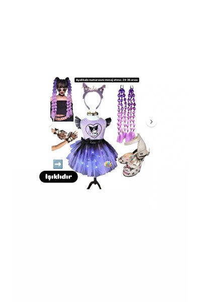 3b kids ışıklı kuromii kostüm elbise kuromii saç kuromi tül eldiven kuromi ta...