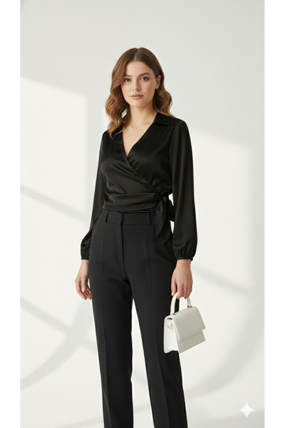 ribana Satin Double Breasted Collar Side Tie Shirt Blouse