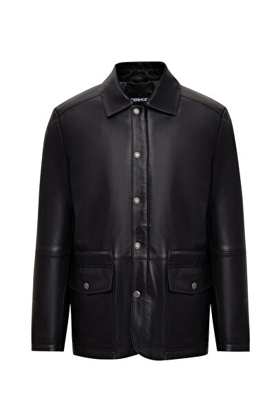 Derimod Salah Men's Black Shirt Collar Leather Coat 25Wgd6585U4