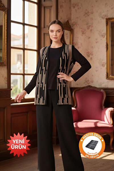 Uludağ Triko Black Striped Detail Knitwear Vest +Shawl Gift