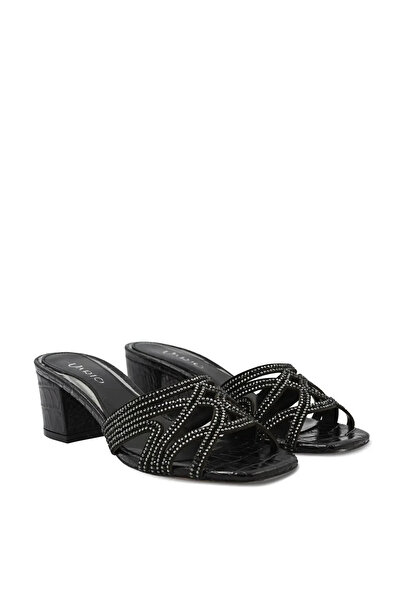 Vario Black Stone Detailed Thick Heeled Slippers Z147 Black Croco (Black Croco)