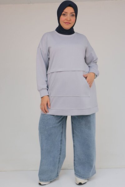 Eslina 58133 تونيك مودال بجيب كنغر كبير الحجم - رمادي