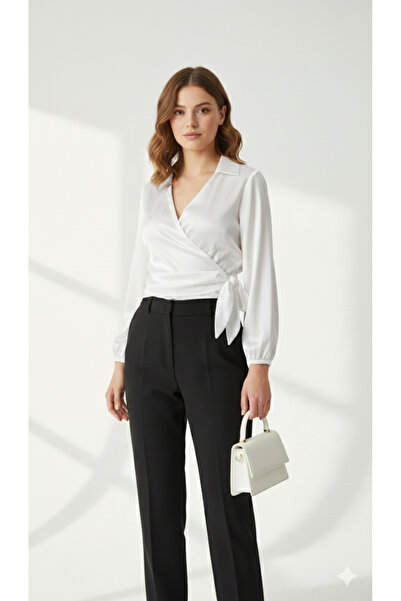 ribana بلوزة قميص من الساتان بياقة مزدوجة الصدر وربطة جانبية