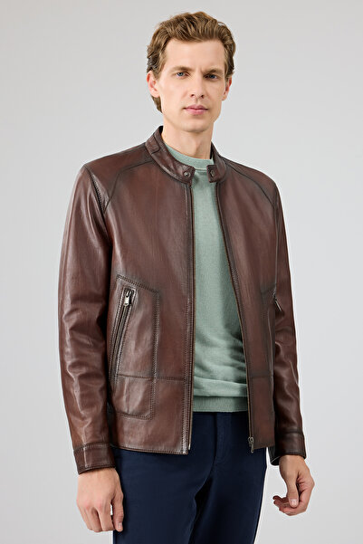 Derimod King Men's Brown Judge Collar Leather Jacket 25Wge6580Nc