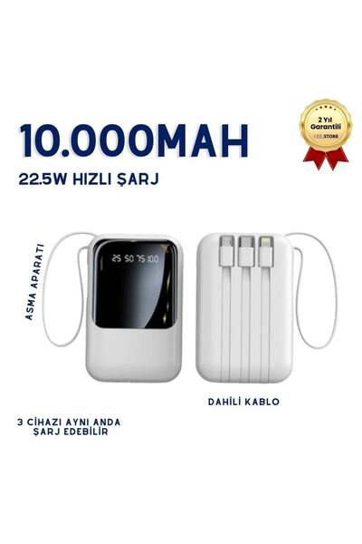 Genel Markalar 10.000mAh Dijital Göstergeli Taşınabilir 20W Hızlı Şarjlı Dahili Kablolu Powerbank Type-C, Lightning