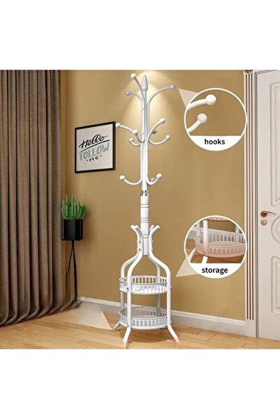 Un شماعة ملابس مع 2 رفوف وعدة خطافات للتخزين ابيض