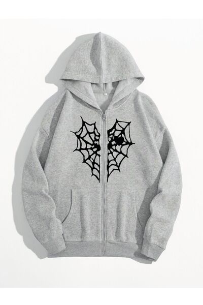 WNWGKN Black Gray Spider Printed Zippered Oversize Cardigan - Pocket Hoodie