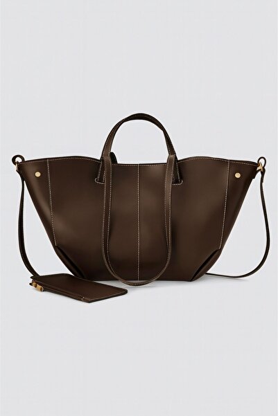 Madamra Brown Women's Leather Look Wallet Detailed Hand and Shoulder Bag