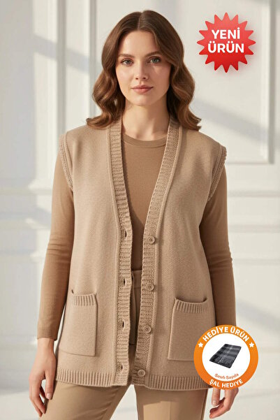 Uludağ Triko Buttoned Steel Knit Vest Sand +Shawl Gift