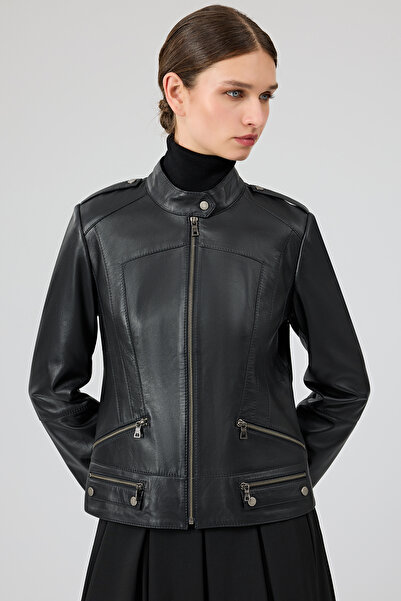 Derimod Nora Women's Black Judge Collar Short Leather Jacket 25Wge56011M