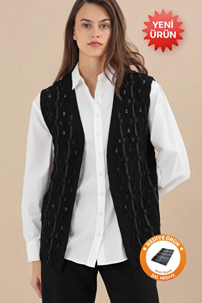 Uludağ Triko Silvery Twisted Pattern Vest Black + Shawl Gift