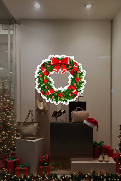 MIGNATIS Kurdelalı Yılbaşı Kapı Tacı Süsü Vitrin Sticker Yapıştırma Yılbaşı S...