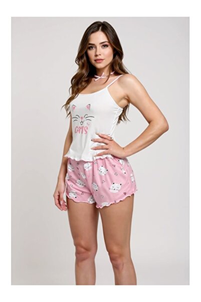 Cicişim Women's Pajama Set with Colorful Straps and Cat Pattern Shorts