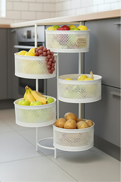 Orvila Kule Sebzelik 5 Katlı Tepsili Açılır Metal Patates Soğan Meyvelik Sepetli Rafı Beyaz