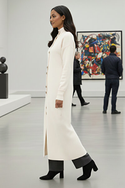 benguen Buttoned Long Knit Cardigan R4413 Ecru