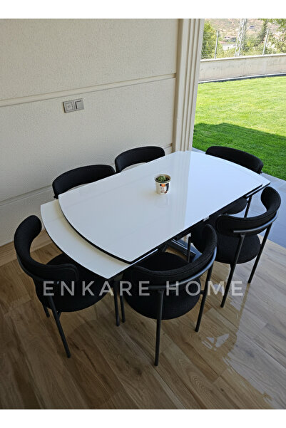 Enkare X Ayak Gloss Mdf Açılır Masa 6 Elisa Sandalye Mutfak Takımı 80x130-190...