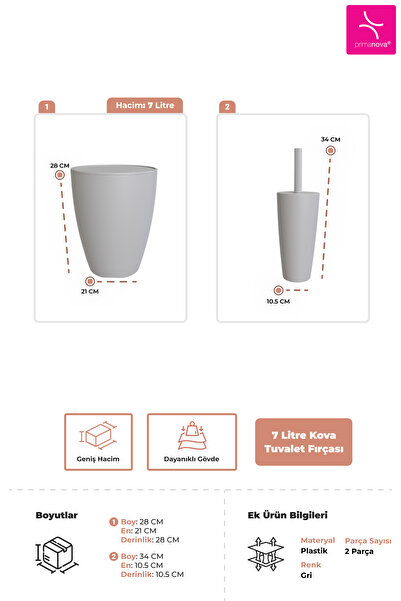 Prima Nova Pure 2-Piece Bathroom Set Trash Can + Toilet Brush Gray