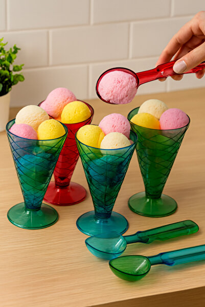 Generic Colorful Ice Cream Serving Set: 6 Plastic Cups with 3 Scoops