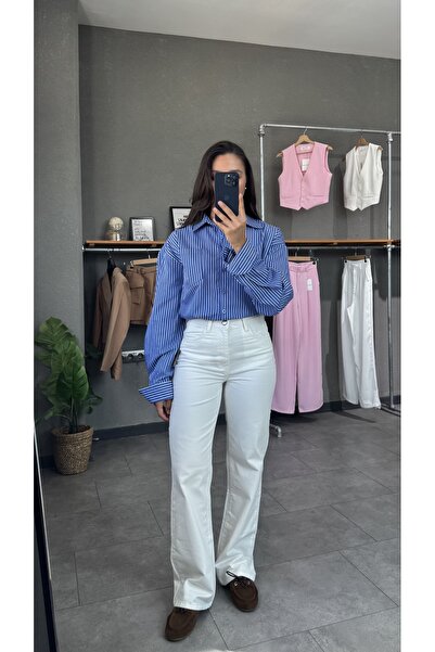 YOUR NAME Blugi de damă albi cu talie înaltă cu picioare late