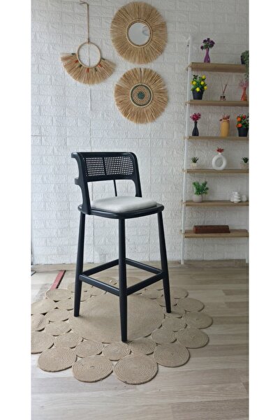 silla Concept Odin Bar Sandalyesi Teddy Krem Kumaş Hasırlı Siyah Ahşap Ada Sa...