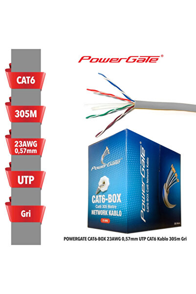 Powergate كات6-صندوق-رمادي، 23awg 0.57mm، Utp، كابل كات6، 305م، رمادي