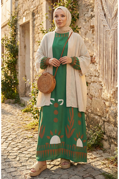 sefamerve Kolu lastikli Desenli Elbise 0084-05 Yeşil