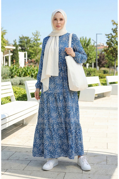 sefamerve Φόρεμα Indigo Smile Viscose - Μισά κουμπιά και λουλούδια 0358-01